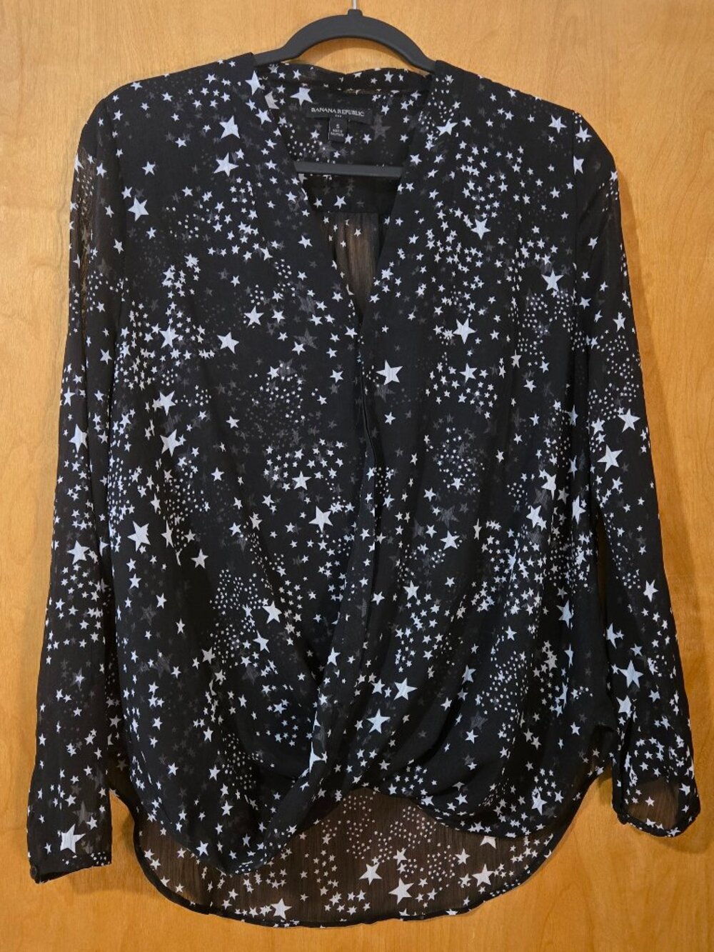Banana Republic Womens Small Blouse Surplice Wrap Draped Front Black White Star